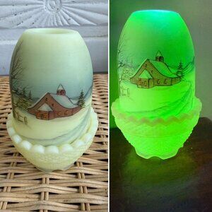 Vintage 1981 Fenton Custard Uranium Glass Fairy Lamp Painted Barn Winter Scene